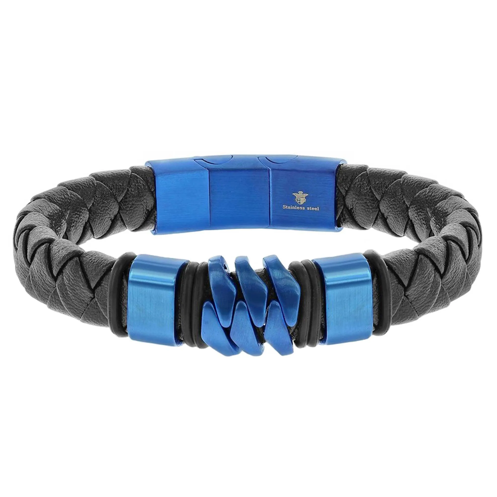 Men's Bracelet - Blue Stainless Steel and Genuine Black Leather | ST-1620 