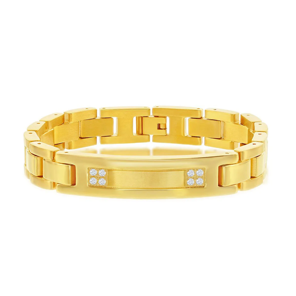 Men's Bracelet - Gold Plated Stainless Steel CZ ID Link | ST-1597 