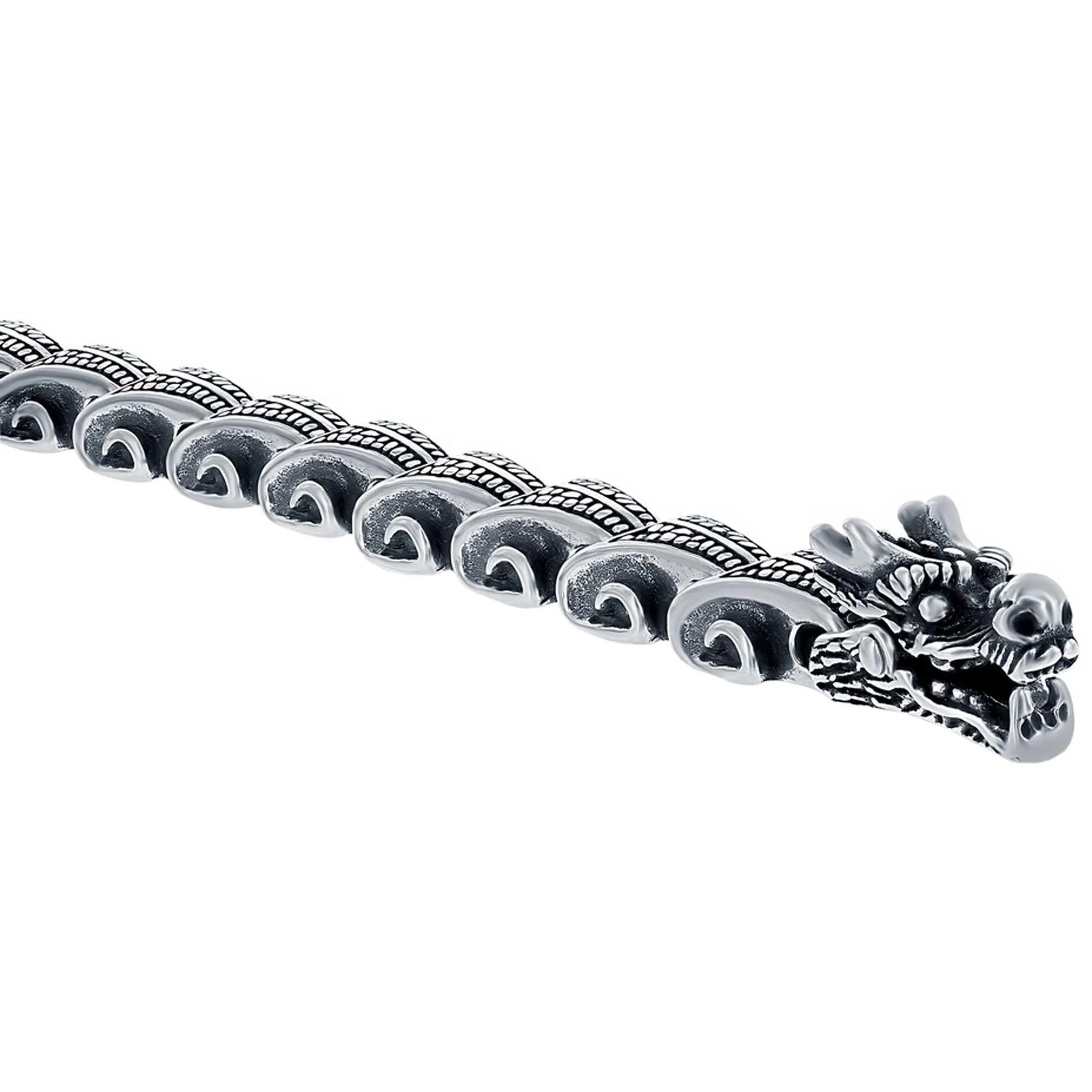 Men's Bracelet - Silver Stainless Steel Oxidized Dragon Design | ST-1618
