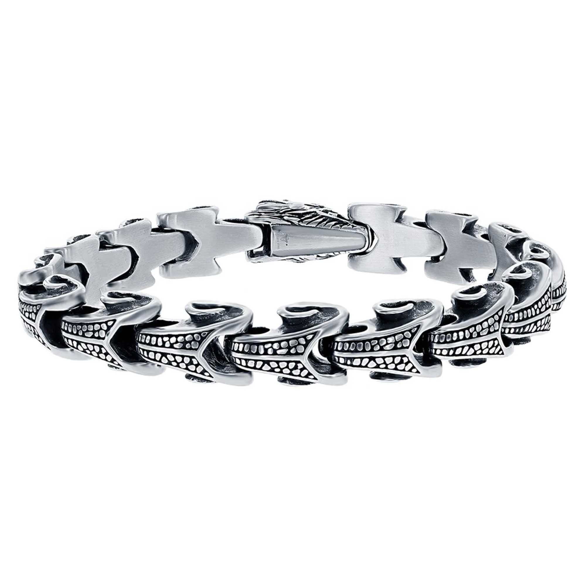 Men's Bracelet - Silver Stainless Steel Oxidized Dragon Design | ST-1618 