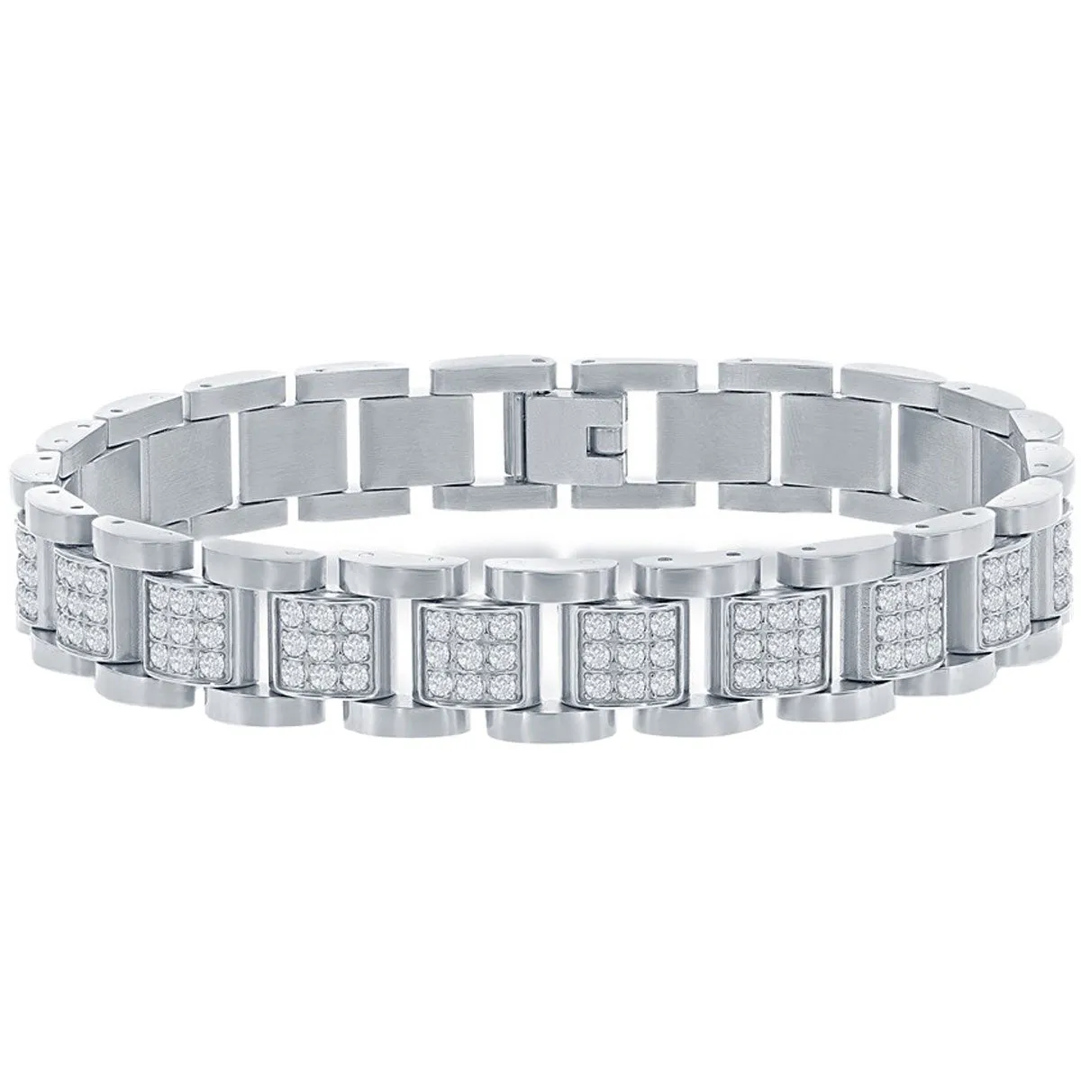 Men's Bracelet - Silver Stainless Steel White CZ Square Link | ST-1613 