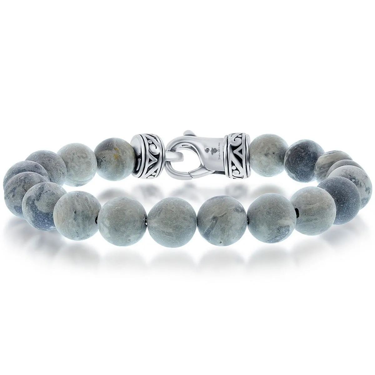 Men's Bracelet - Stainless Steel 10mm Gray Jasper Stone Beaded | ST-1602 