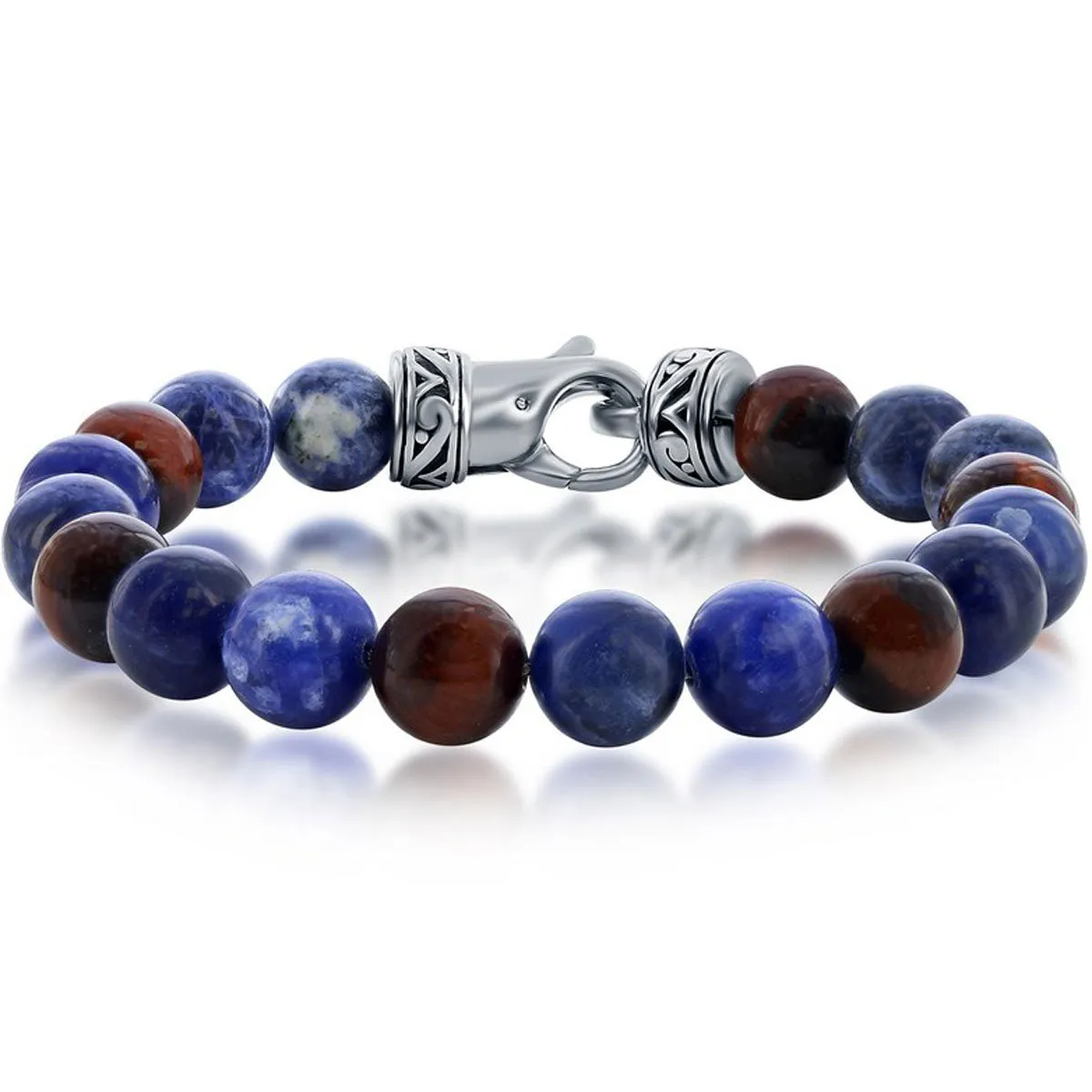 Men's Bracelet - Stainless Steel 10mm Red Tiger Eye and Sodalite | ST-1625 