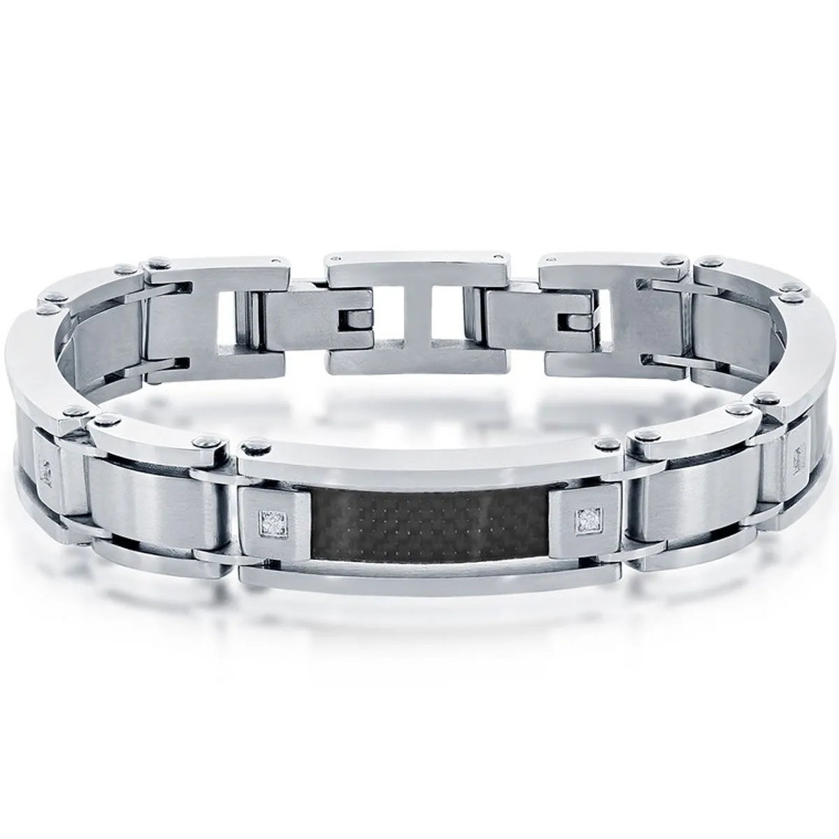 Men's Bracelet - Stainless Steel and Black Carbon Fiber Link CZ | ST-1633 