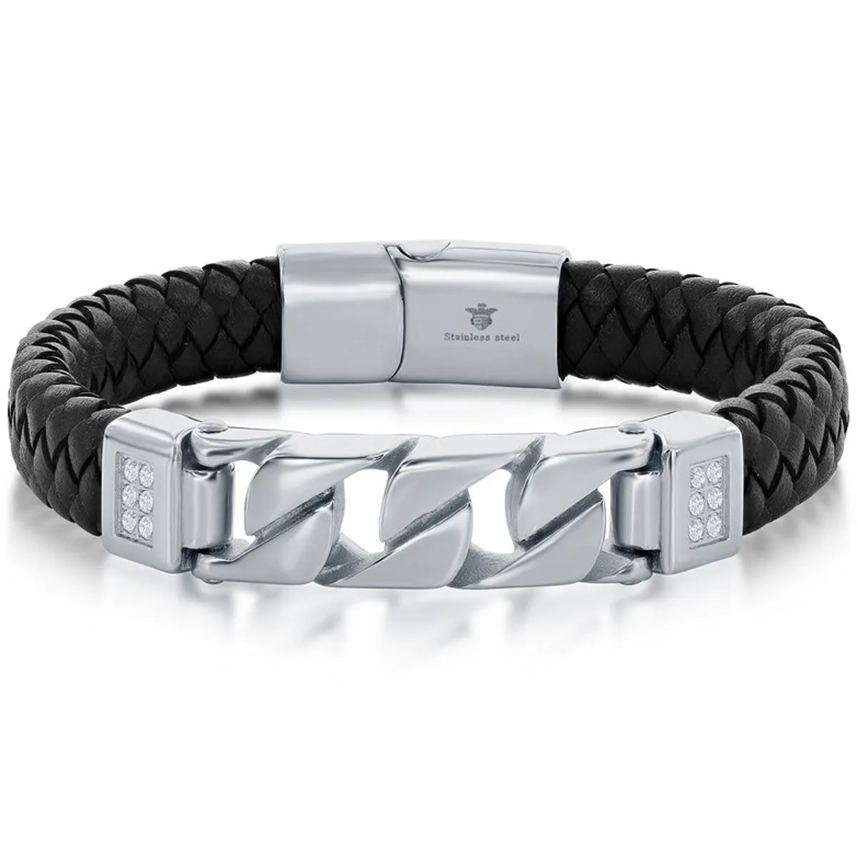 Men's Bracelet - Stainless Steel and Black Leather Curb Link | ST-1631 