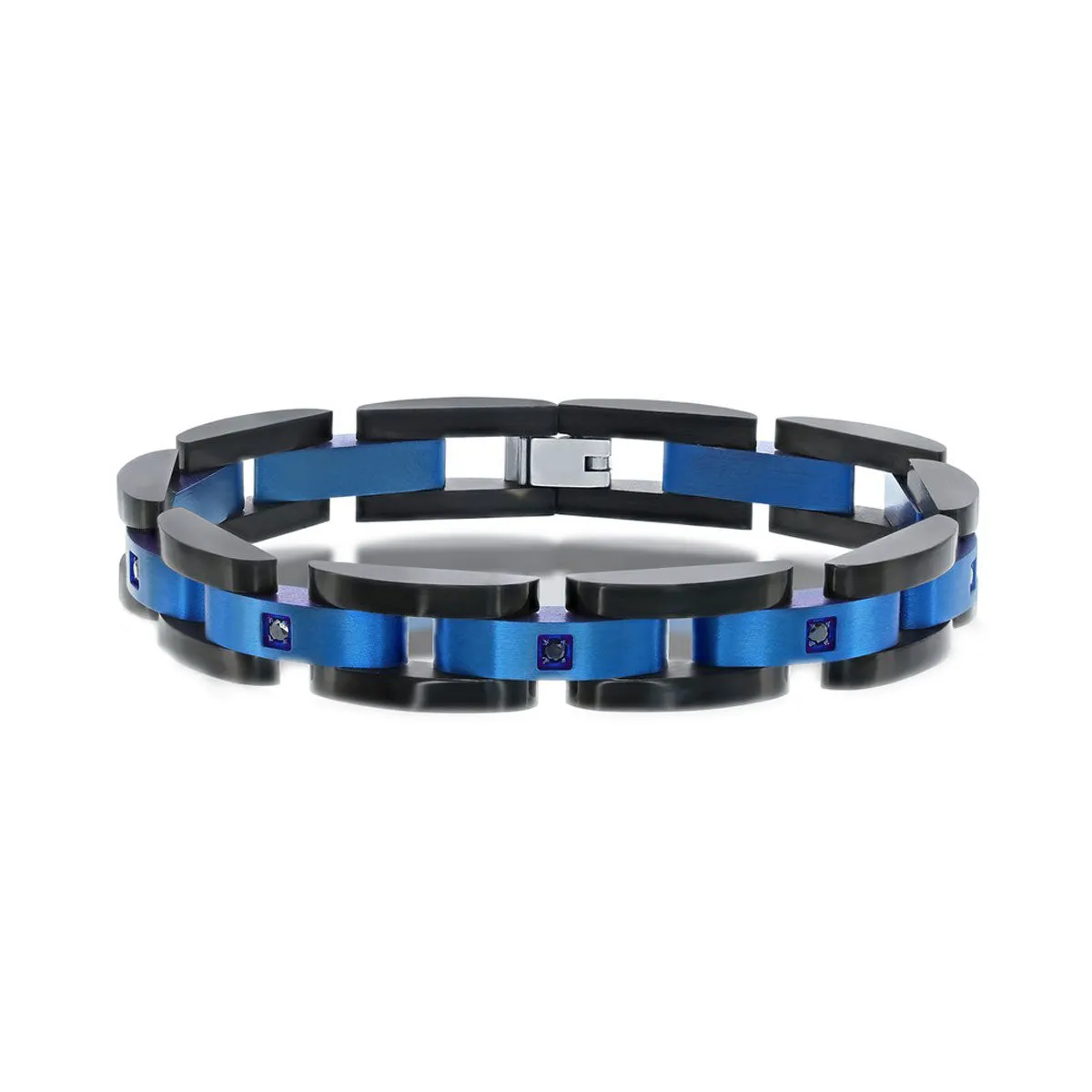 Men's Bracelet - Stainless Steel Blue and Black Link CZ | ST-1596 