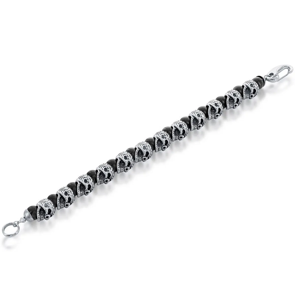 Men's Bracelet - Stainless Steel Genuine Black Onyx Beads Skull | ST-1629