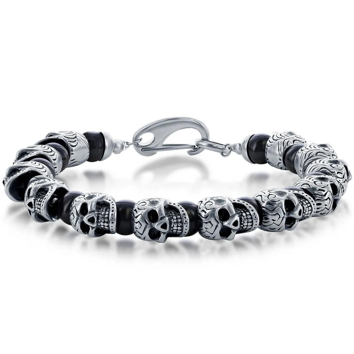Men's Bracelet - Stainless Steel Genuine Black Onyx Beads Skull | ST-1629 