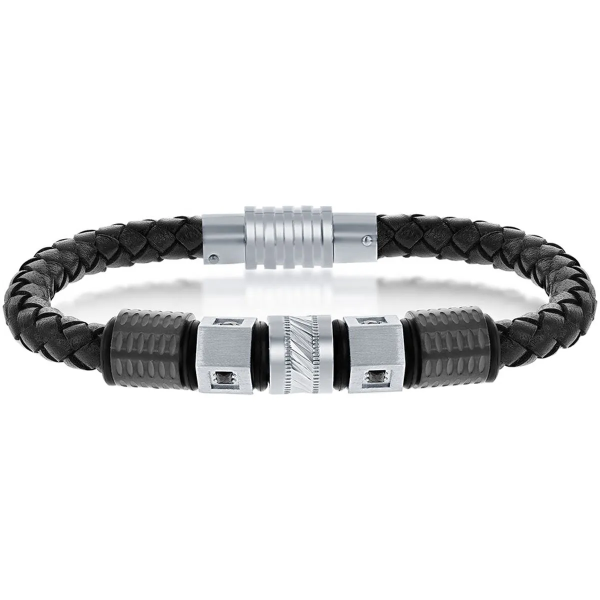 Men's Bracelet - Two Tone Stainless Steel with Black CZ Leather | ST-1621 