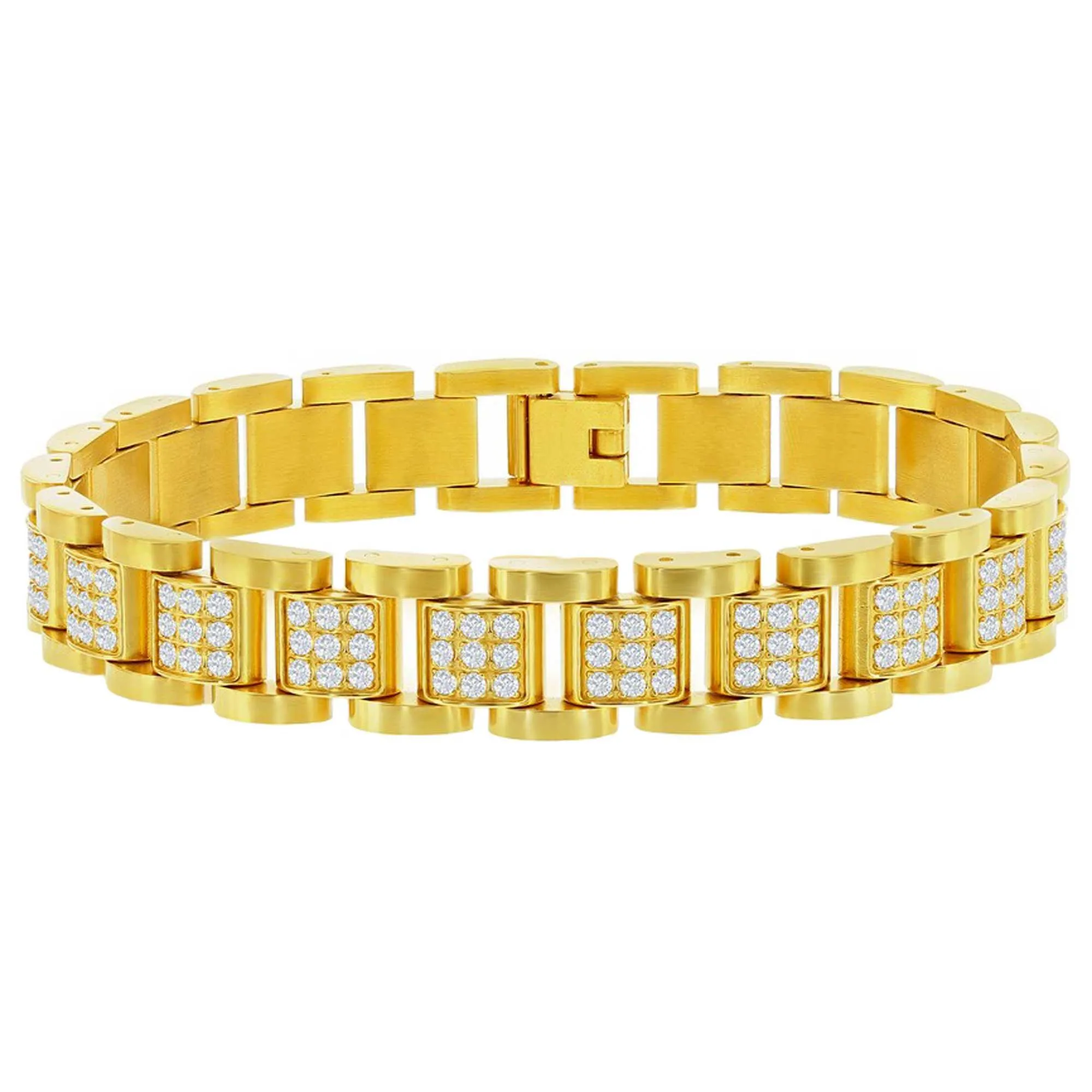Men's Bracelet - YG Plated Stainless Steel CZ Pave Square Link | ST-1614 