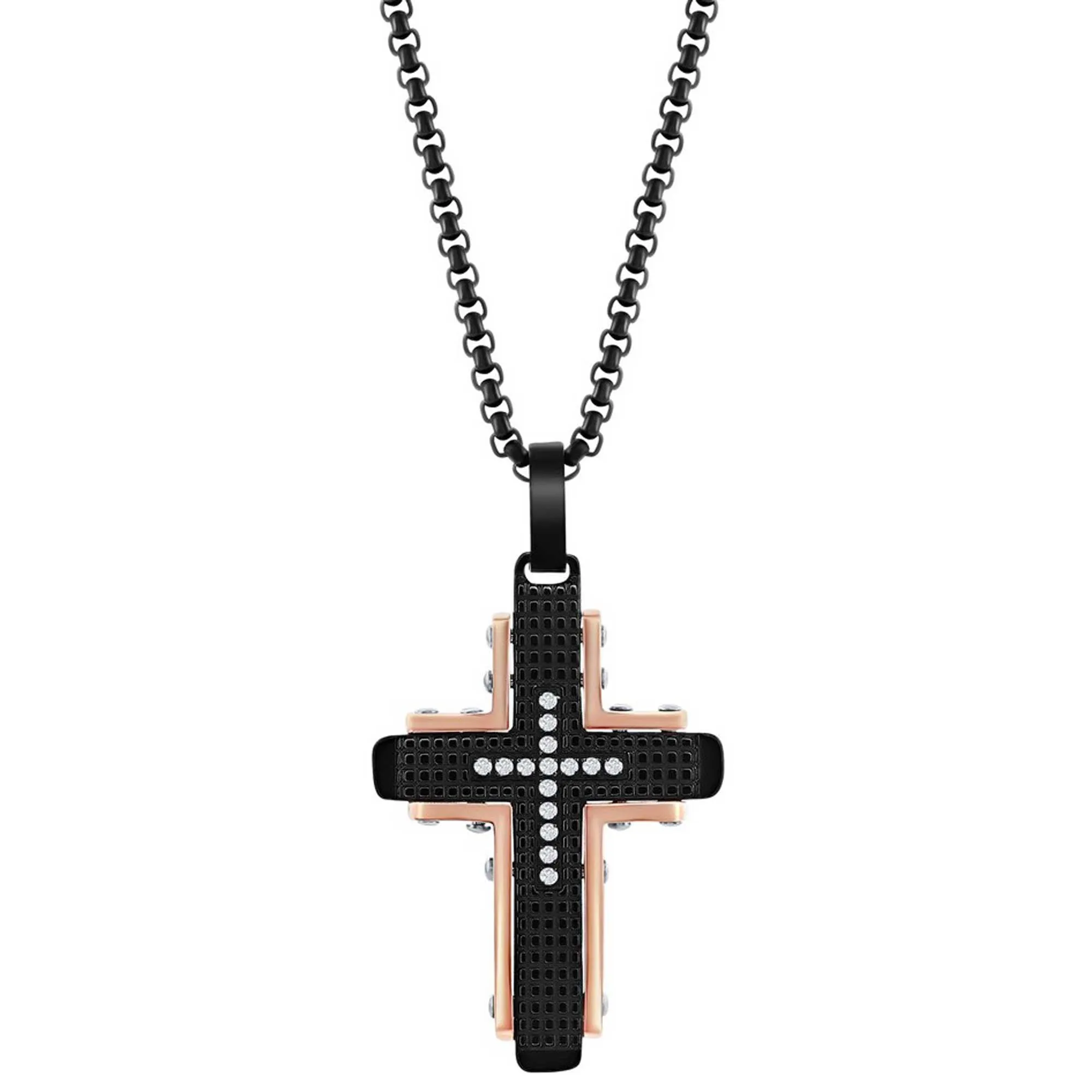 Men's Necklace - Black and Rose Stainless Steel CZ Cross Pendant | SL-7105 