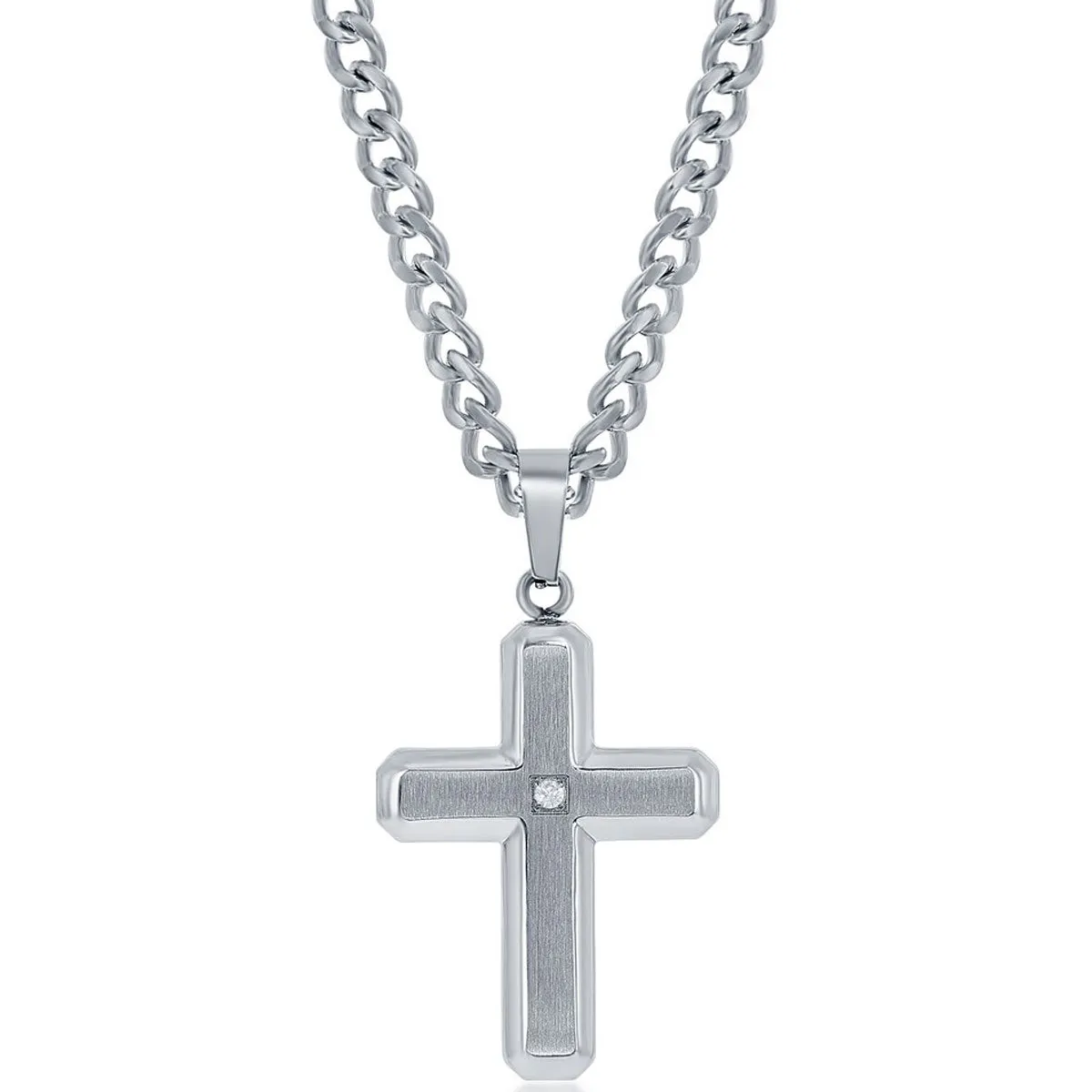 Men's Necklace - Brushed/Polished with Single CZ Cross | SL-7091 