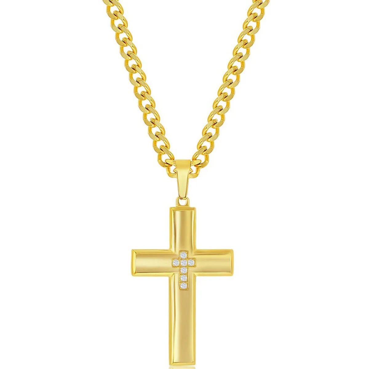 Men's Necklace - Gold Plated Stainless Steel and CZ Cross | SL-7093 
