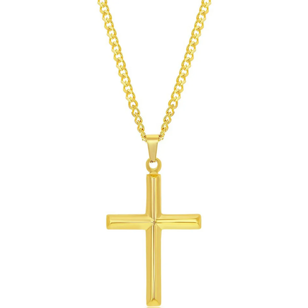 Men's Necklace - Gold Plated Stainless Steel Polished 3D Cross | SL-7085 