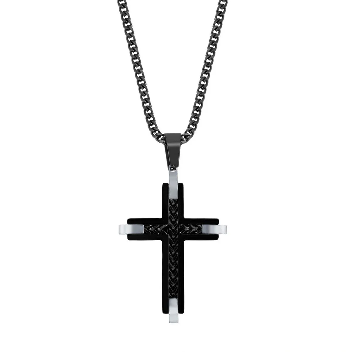 Men's Necklace - Stainless Steel Black and Silver Chevron Cross | SL-7102 