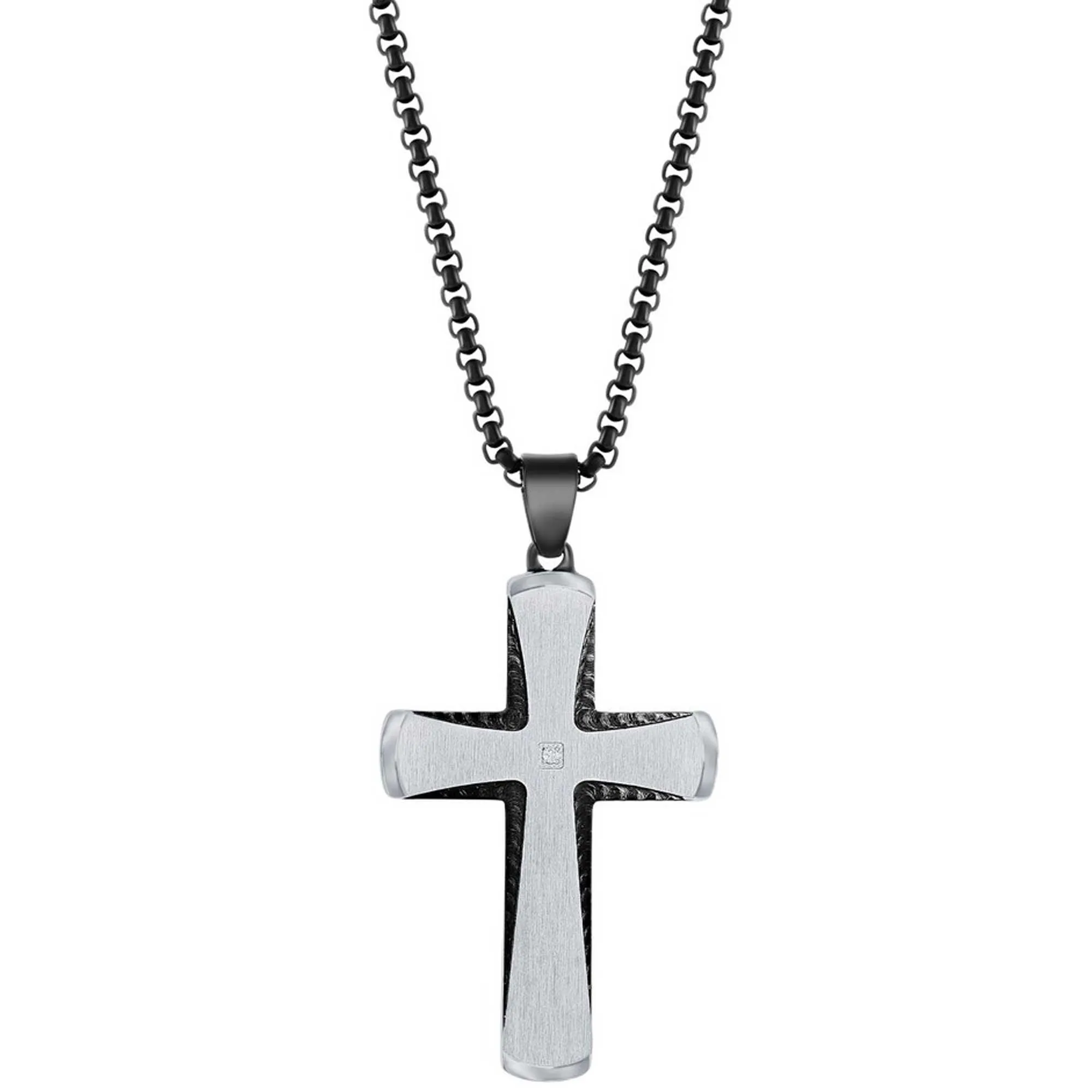 Men's Necklace - Stainless Steel Black and Silver Single CZ Cross | SL-7119 