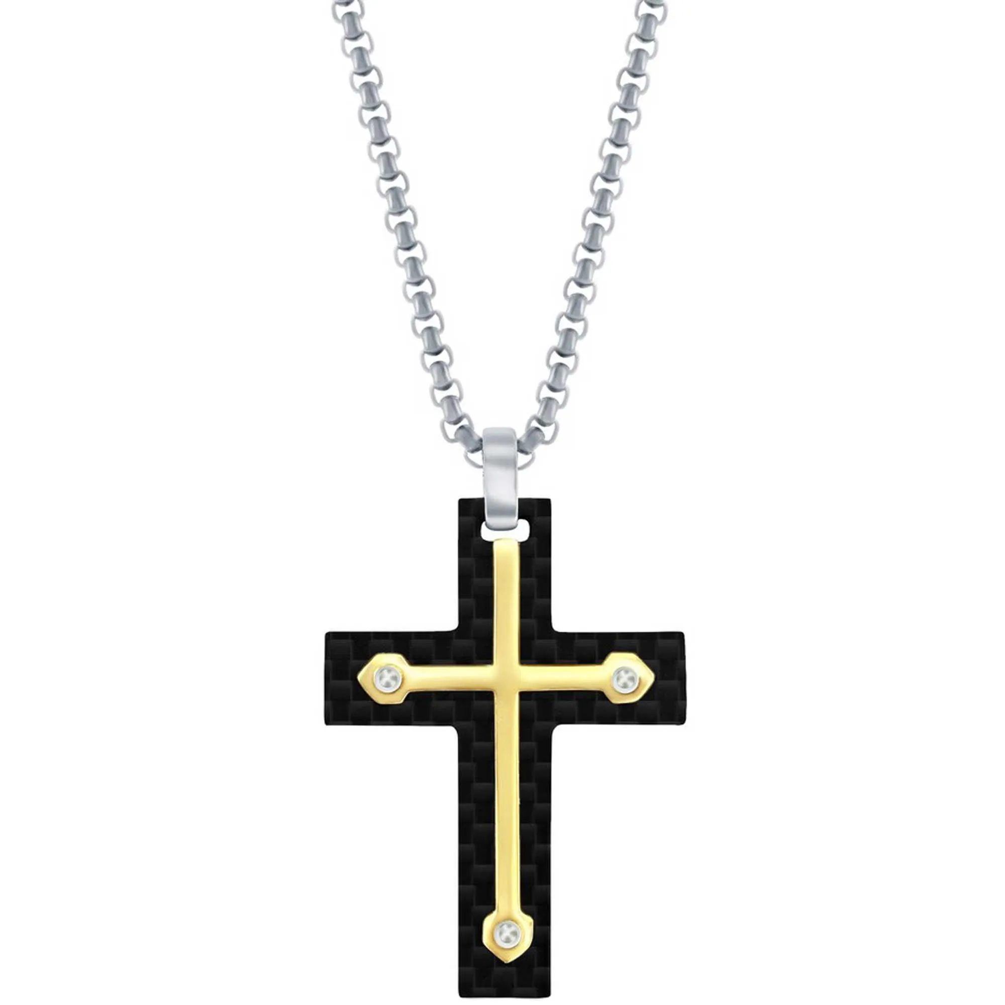 Men's Necklace - Stainless Steel Black Carbon Fiber and Gold Cross | SL-7111 