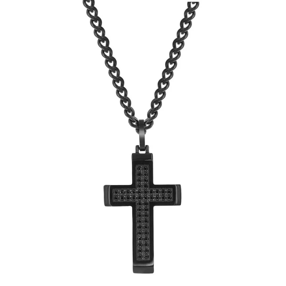 Men's Necklace - Stainless Steel Black CZ Encrusted Cross | SL-7101 