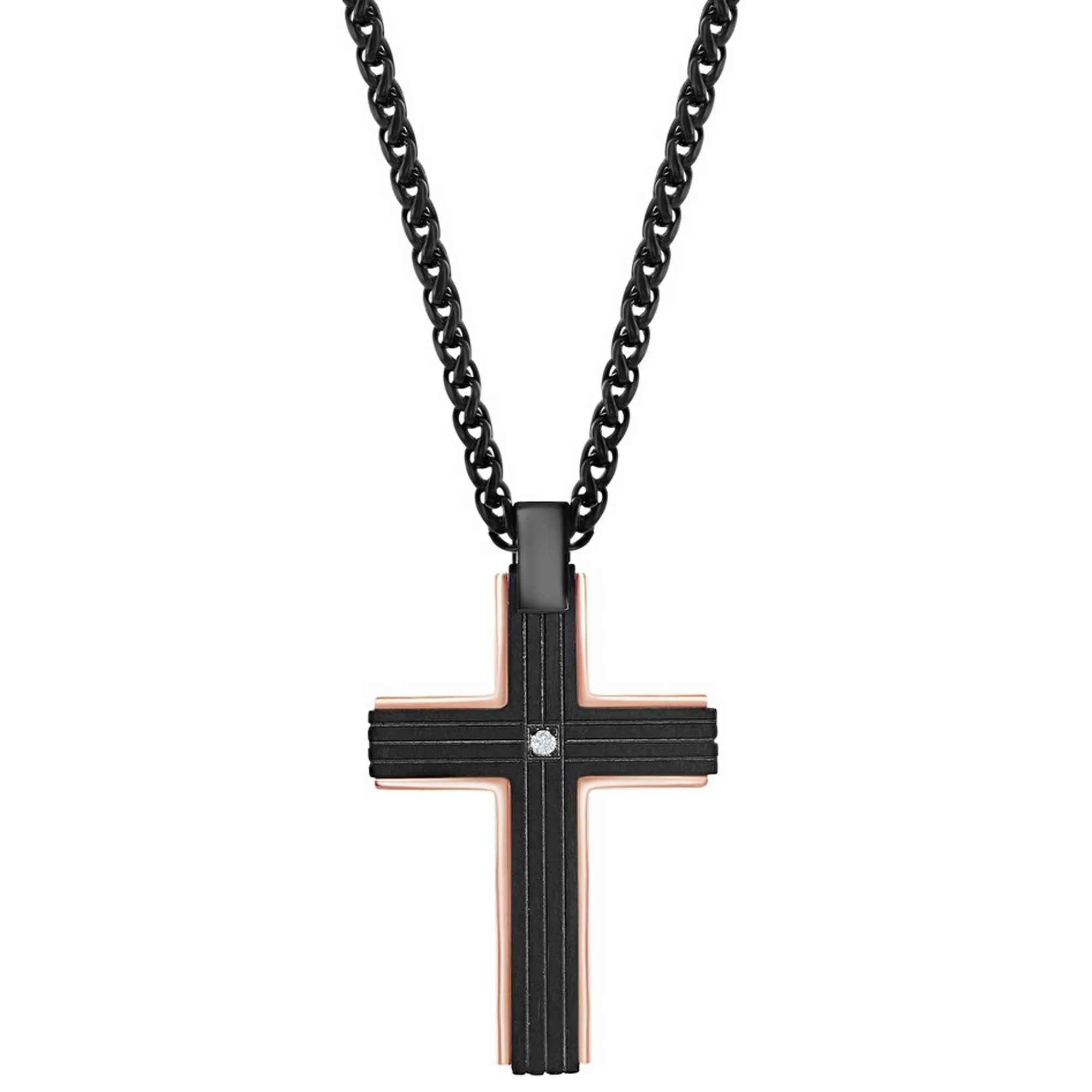 Men's Necklace - Stainless Steel Black with Rose Border Single CZ | SL-7109 