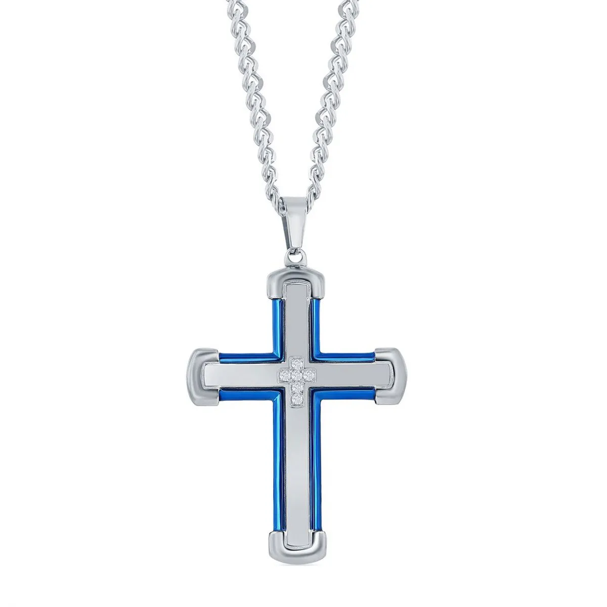 Men's Necklace - Stainless Steel Blue and Silver CZ Cross | SL-7103 