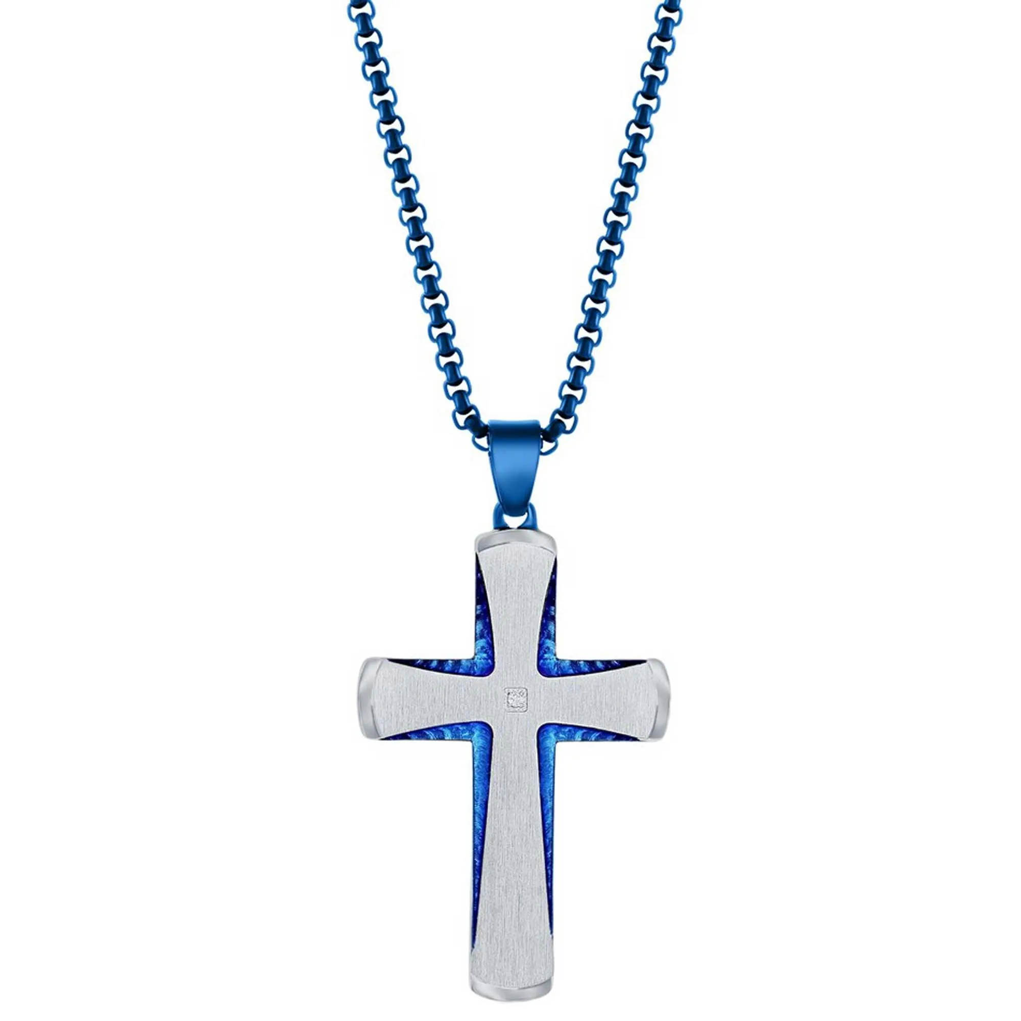 Men's Necklace - Stainless Steel Blue and Silver Single CZ Cross | SL-7120 