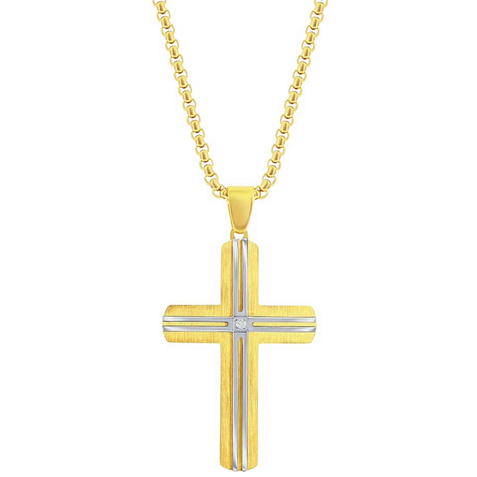 Men's Necklace - Stainless Steel Gold and Silver Lined CZ Cross | SL-7130 