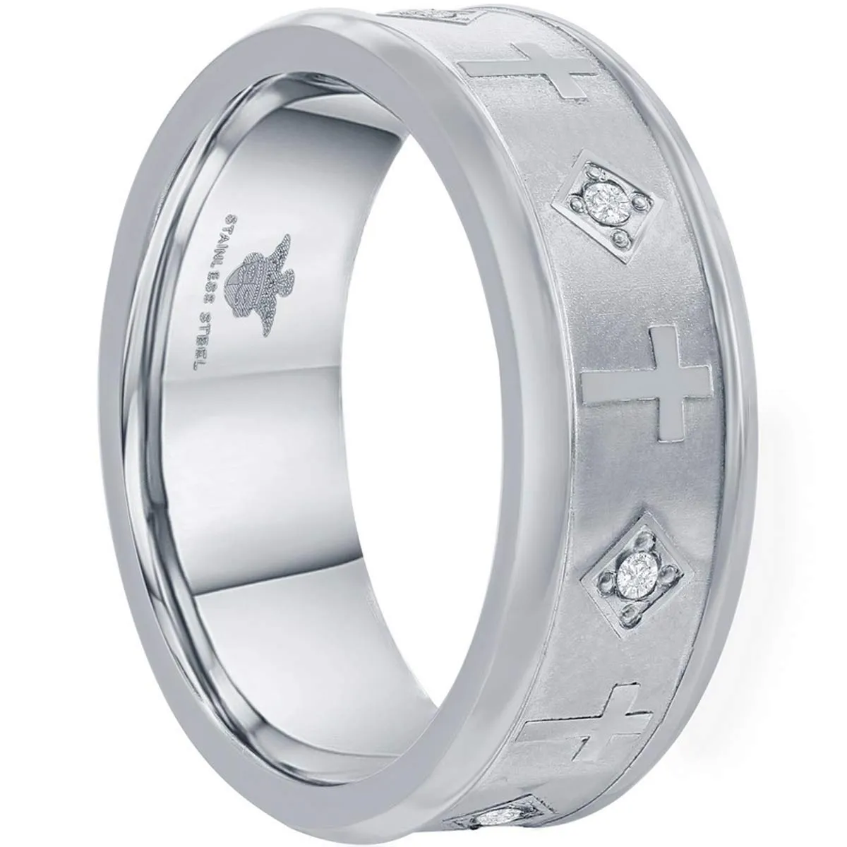 Men's Ring - Brushed and Polished Silver CZ Cross, Size 9 | SW-2110-9