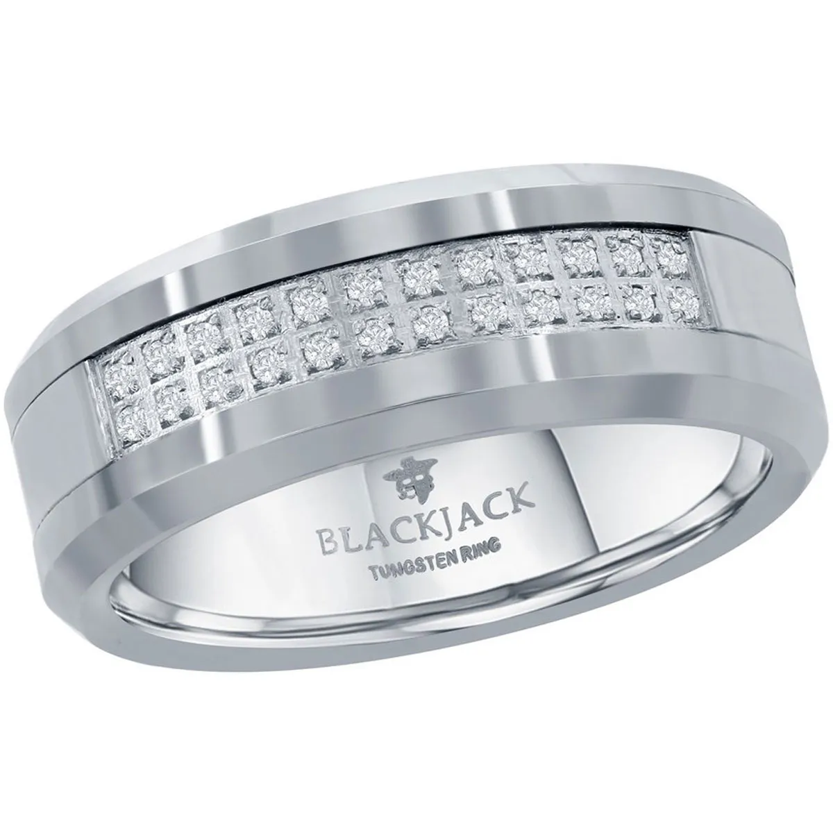 Men's Ring - Polished Double Row CZ Silver Tungsten, Size 9 | SW-2080-9