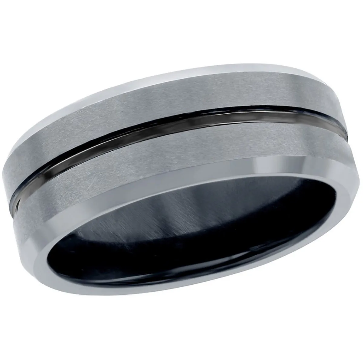 Men's Ring - Polished Silver and Black Stripe Tungsten, Size 9 | SW-2077-9