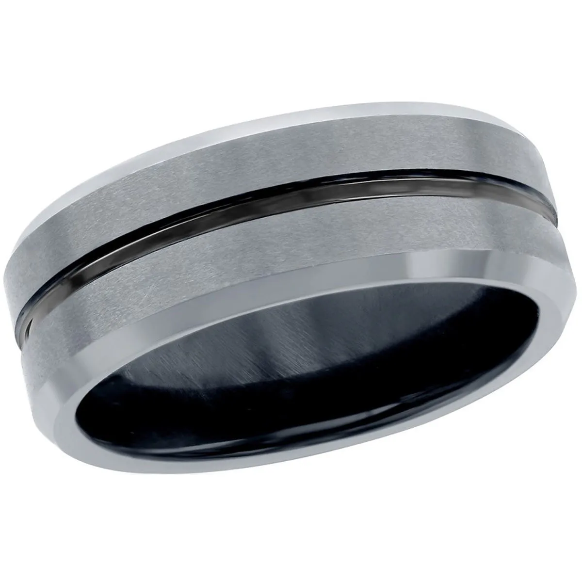 Men's Ring - Polished Silver and Black Stripe Tungsten, Size 9 | SW-2077-9