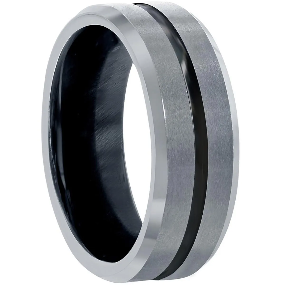 Men's Ring - Polished Silver and Black Stripe Tungsten, Size 9 | SW-2077-9
