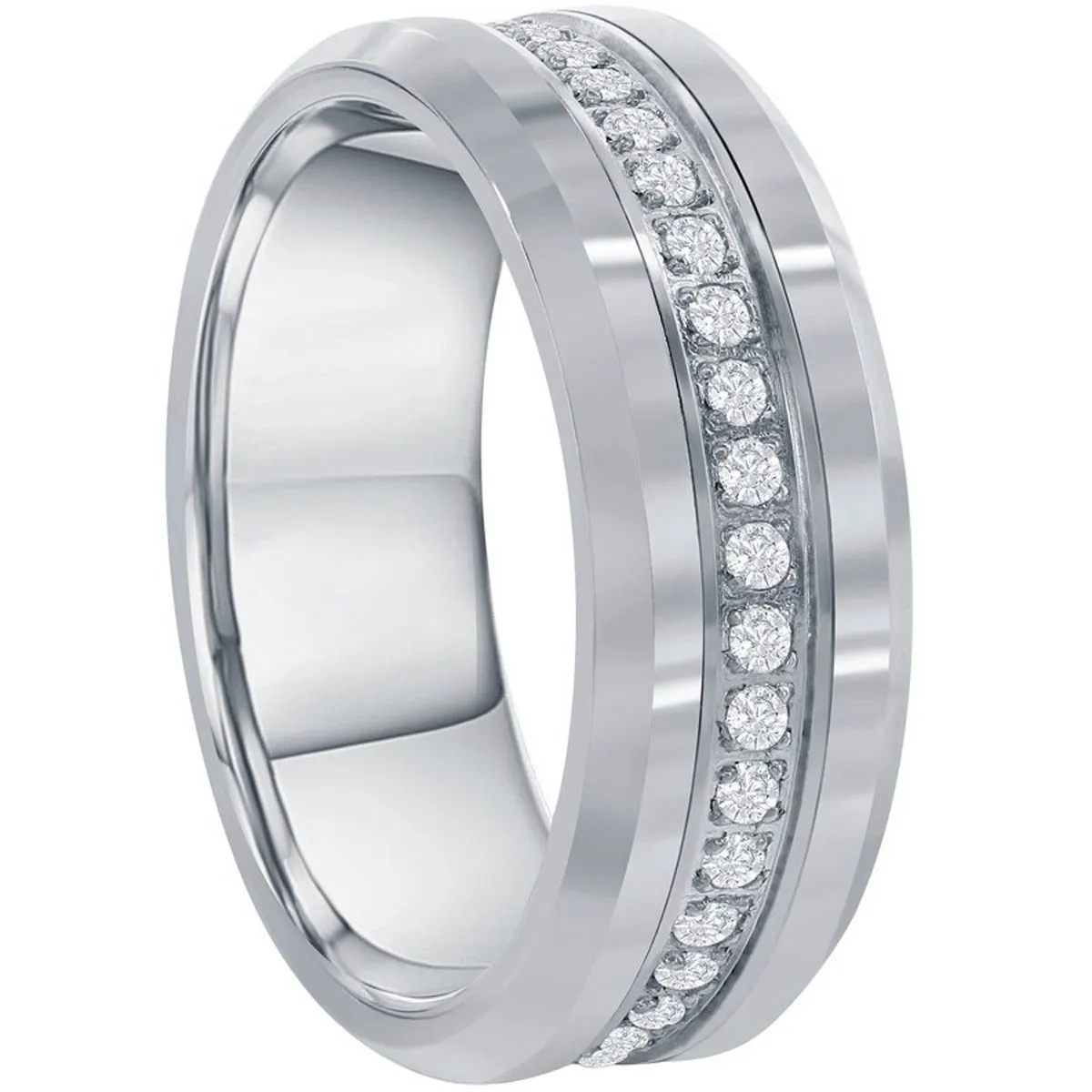 Men's Ring - Polished Silver CZ Eternity Tungsten Band, Size 13 | SW-2081-13