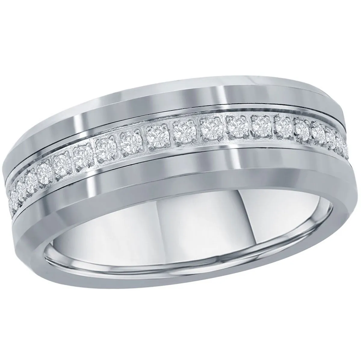 Men's Ring - Polished Silver CZ Eternity Tungsten Band, Size 13 | SW-2081-13