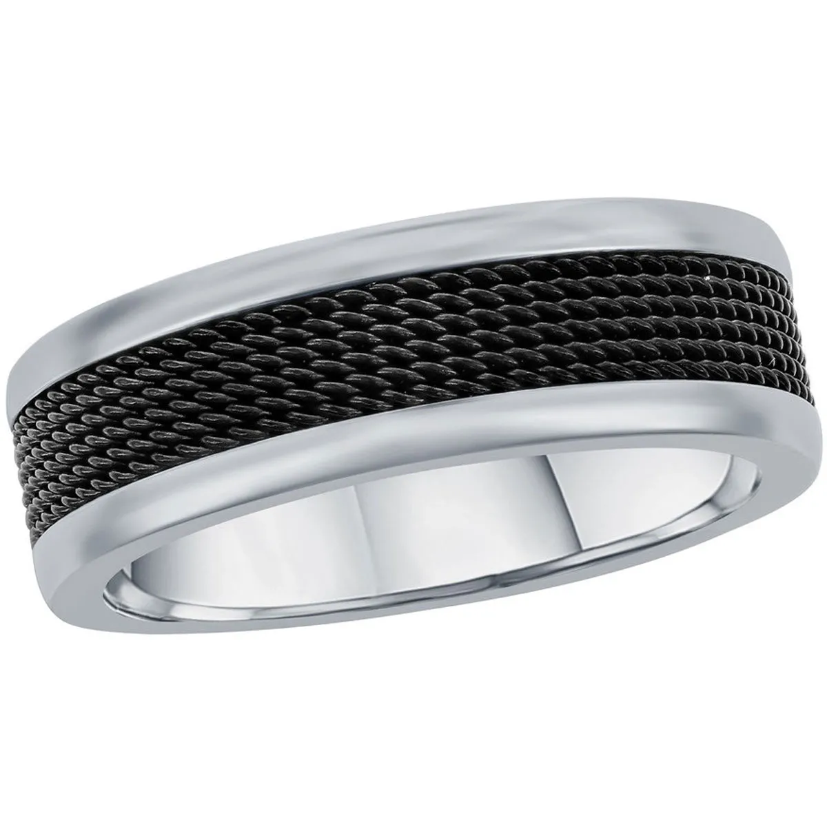 Men's Ring - Silver Steel and Black Mesh Inlay Band, Size 9 | SW-2114-9