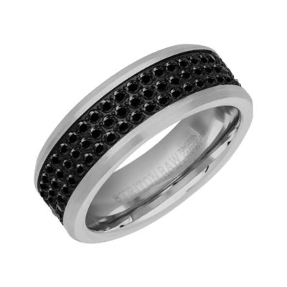Men's Tungsten 8mm Triple Row Black Sapphire Wedding Band 