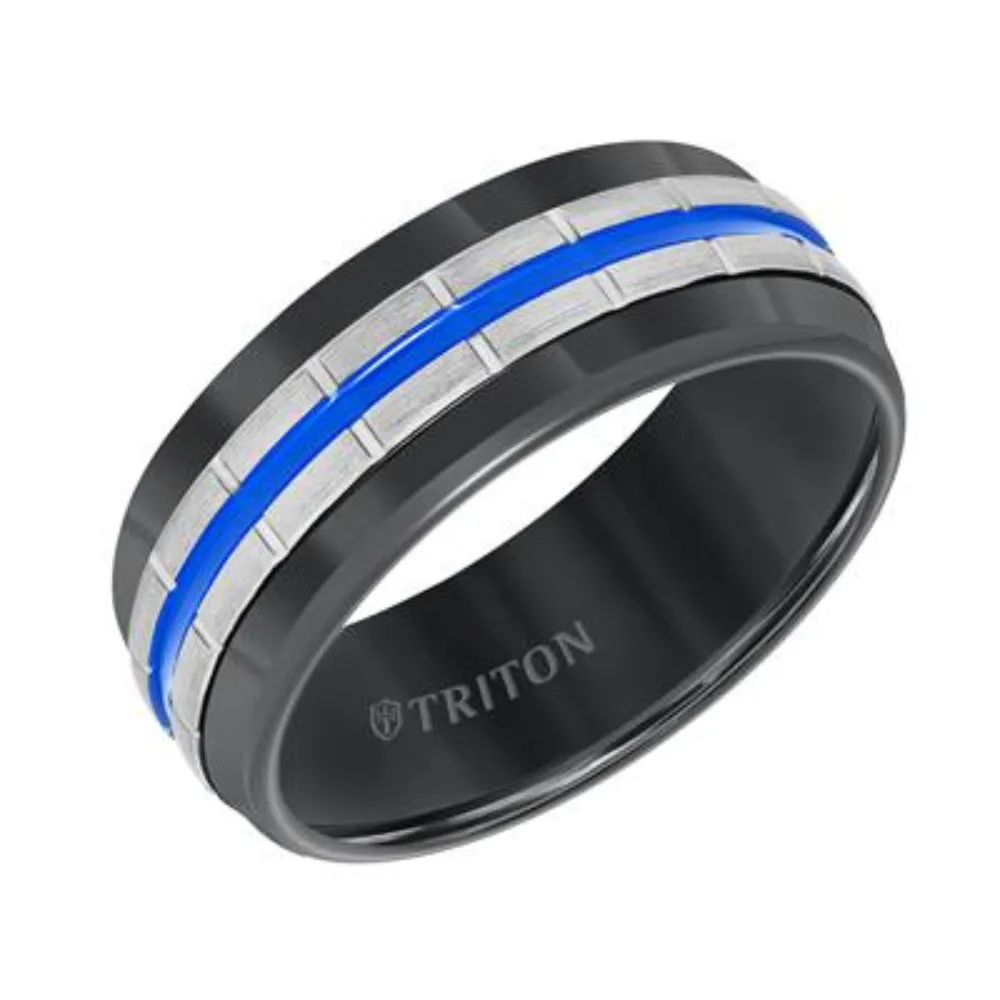 Men's Tungsten Electric Blue Center Stripe Wedding Band 