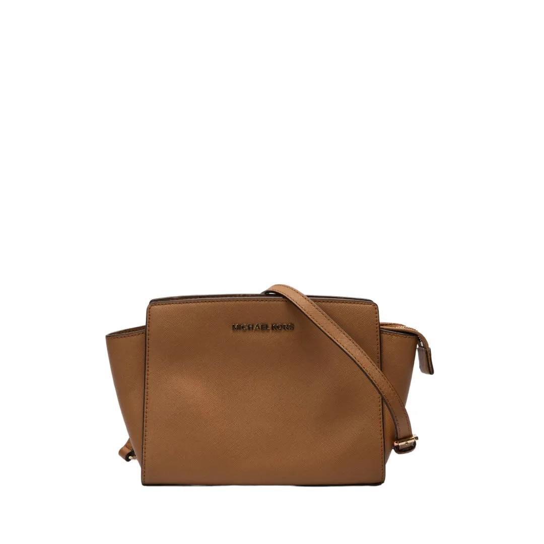 Michael Kors Brown Saffiano Leather Small Selma Crossbody Bag flash sale luggage