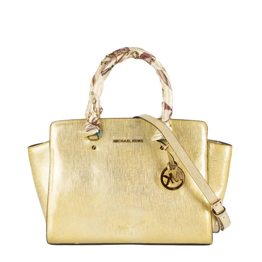 Michael Kors Gold Leather Large Selma Satchel flash sale luggage