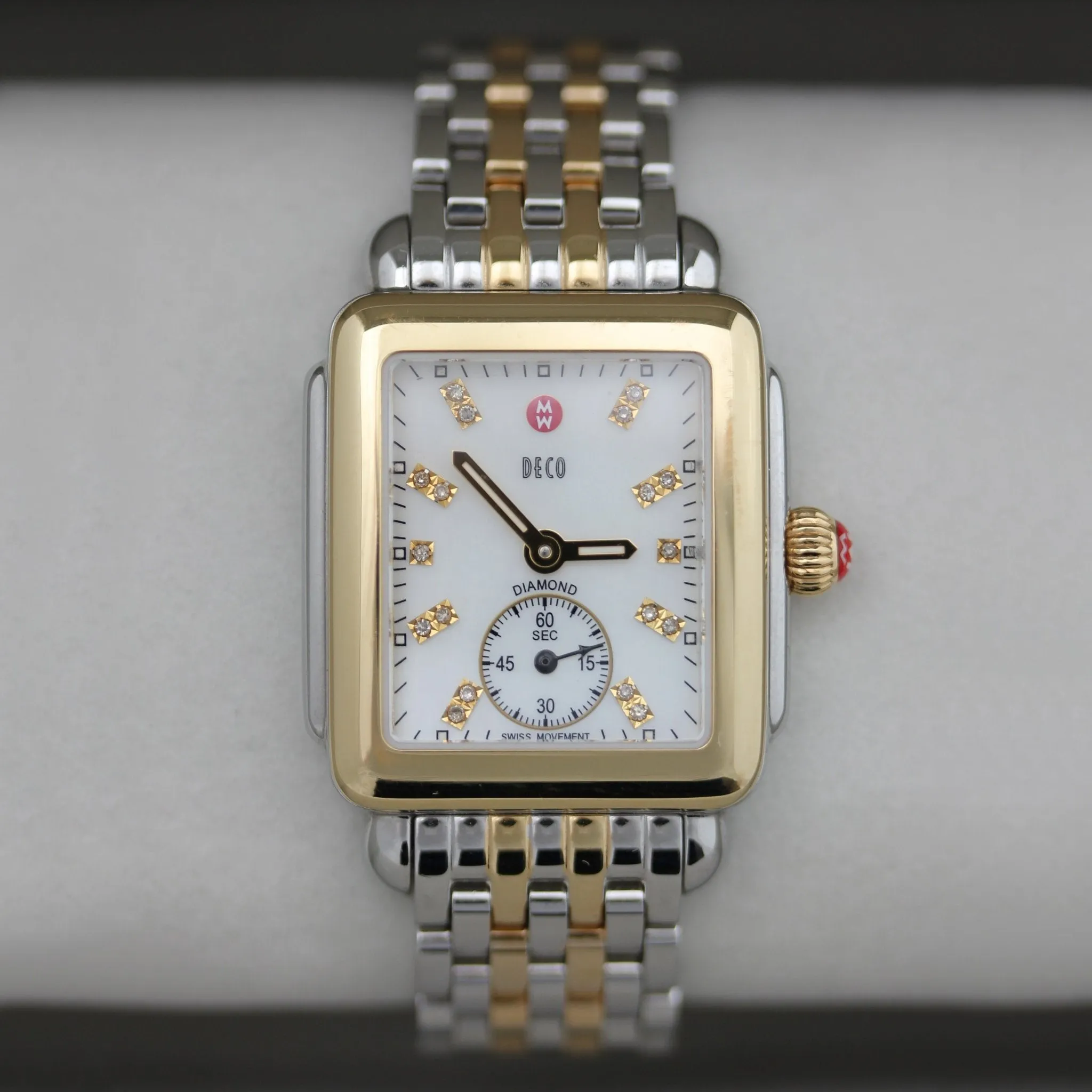 Michele Deco Mid Two-Tone Steel Diamond Mother of Pearl Dial Rectangle Womens Watch MWW06V000042
