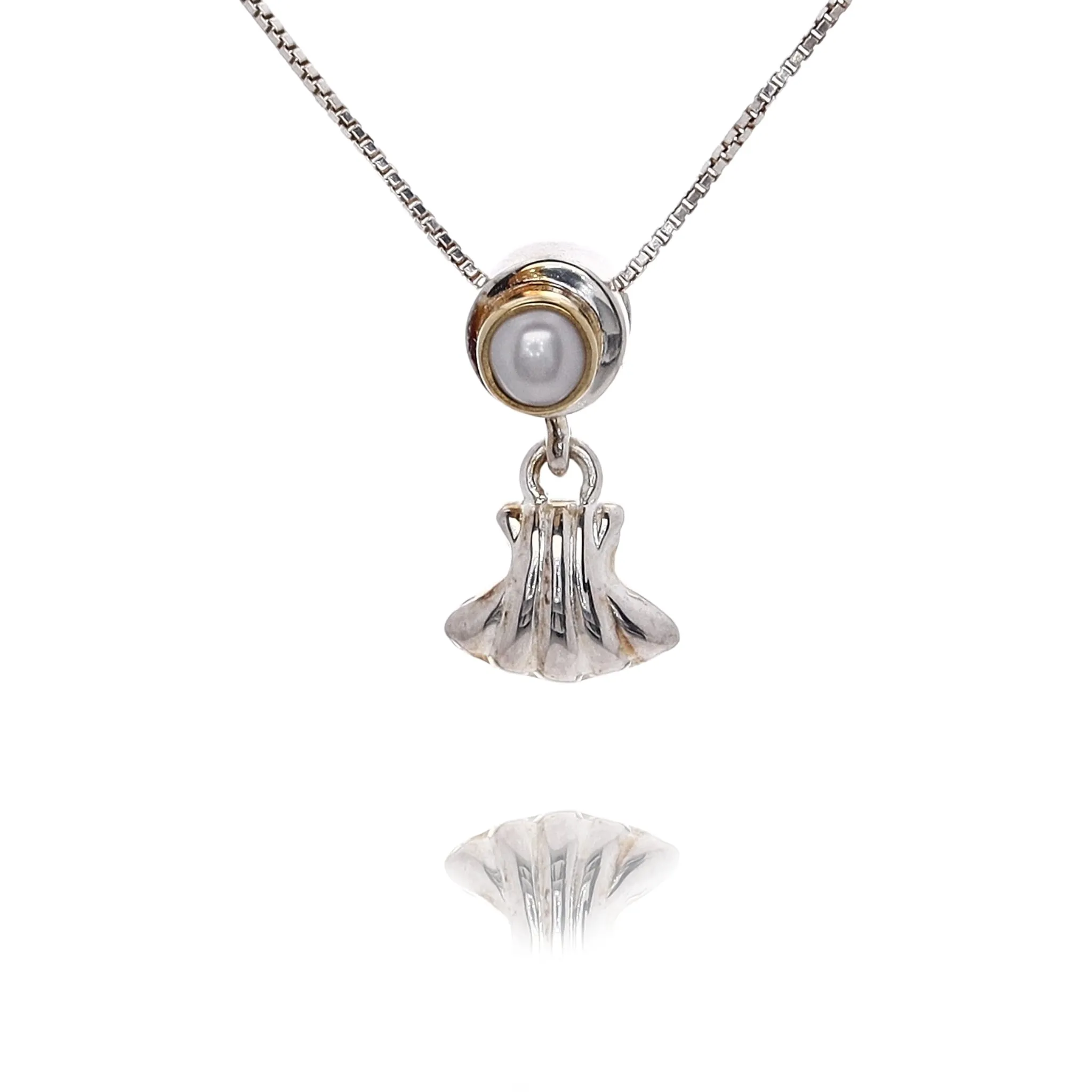 Michou Sterling Silver 22 Karat Yellow Gold Sliding Vermeil Seashell and Pearl Pendant Necklace 