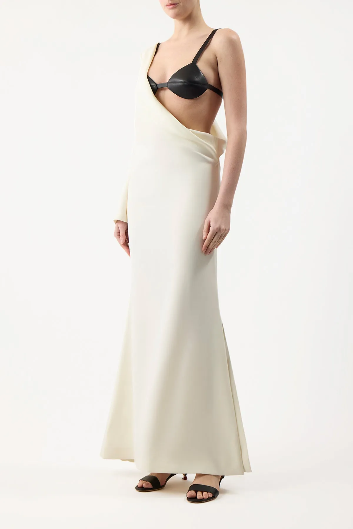 Midas Dress in Silk Wool Cady with Leather Bra