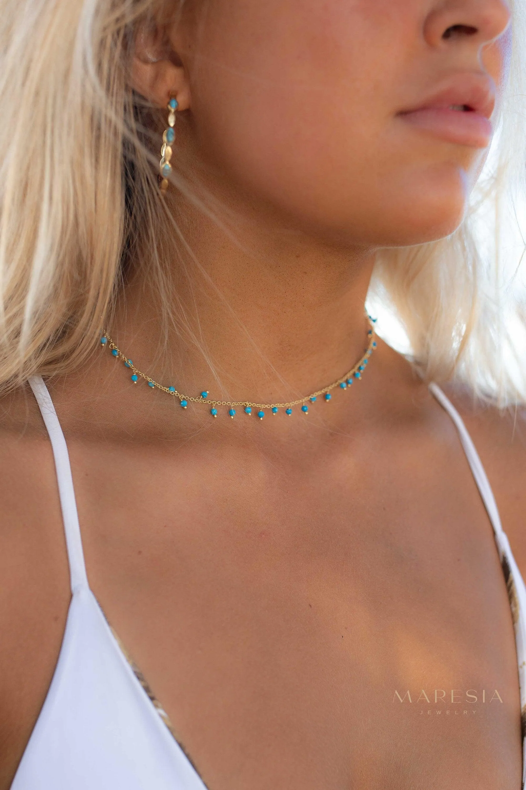Moonstone, Labradorite, Aqua Chalcedony, Tourmaline or Turquoise Choker Necklace ~ Gold Plated 18k ~ MN133