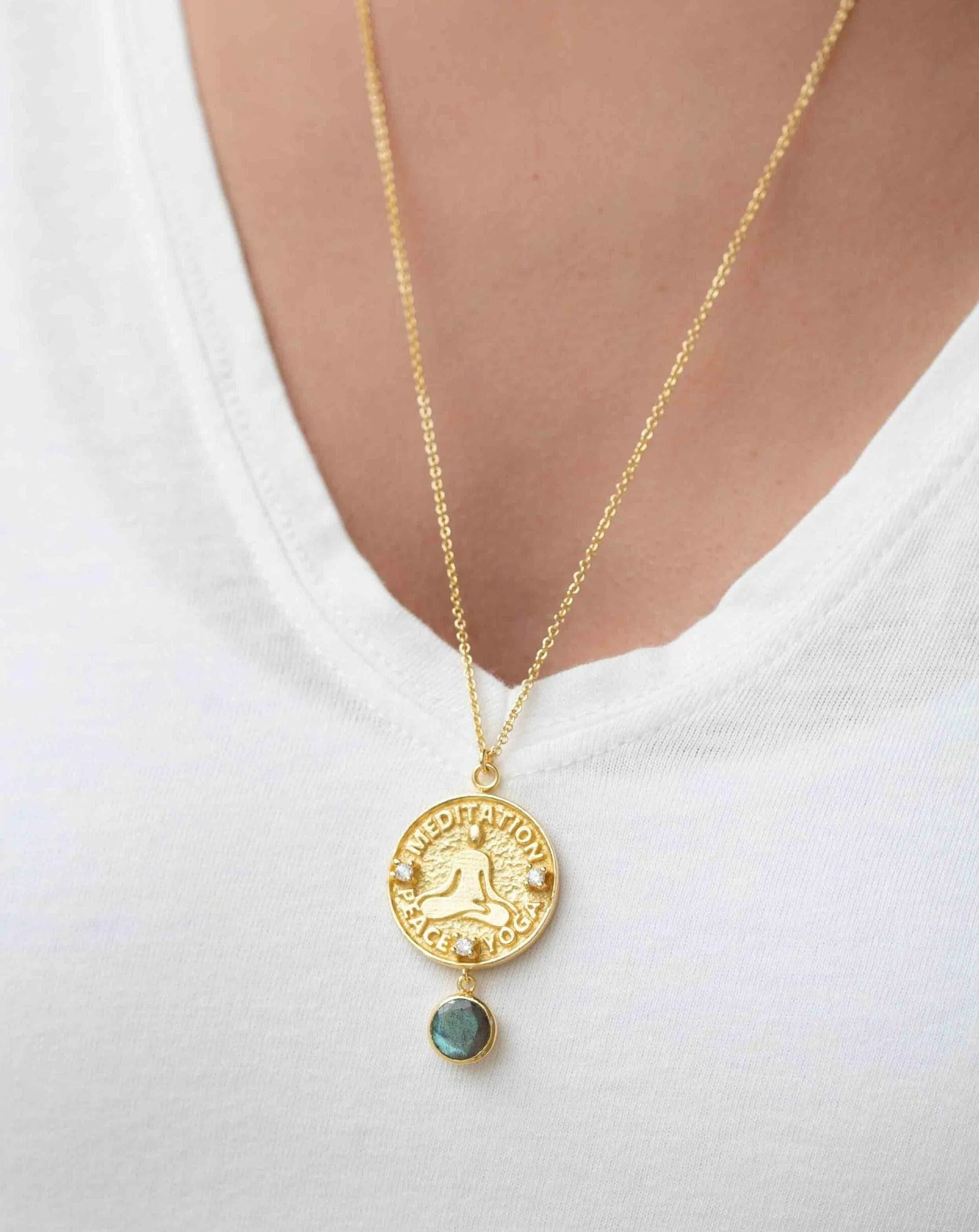 Moonstone, Labradorite or Aqua Chalcedony ~ Meditation Peace Yoga Necklace  ~ Gold plated 18k  ~ Cubic zirconia ~ MN118