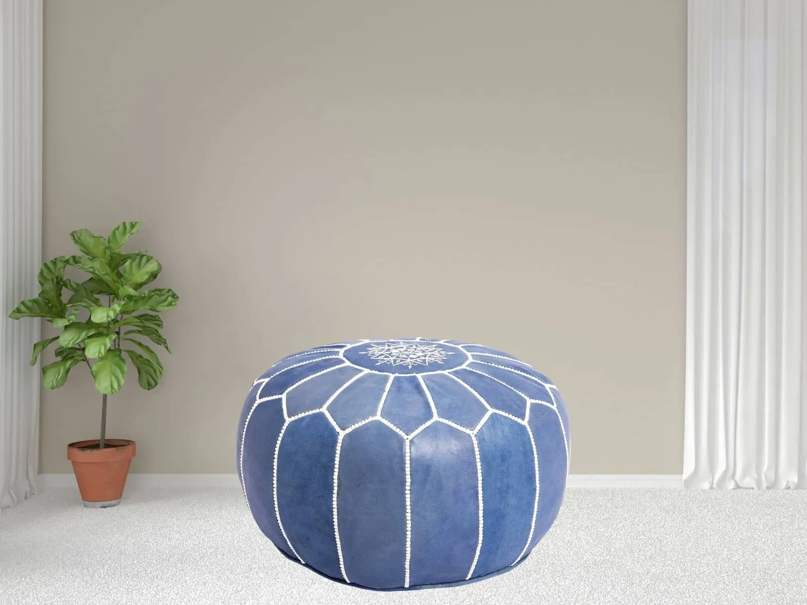 Moroccan Cowhide Leather Round Pouf