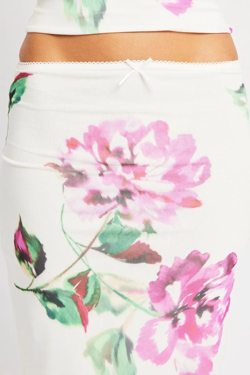 Multi Floral Mesh Skirt Elasticated Picot Trim Midaxi