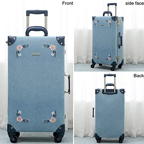 NZBZ Travel Vintage Trunk Luggage Set with Spinner Wheels Cute Retro Suitcase for Women, 2 Pieces (Embroidered Flowers Dark Blue Set, 26" 12")