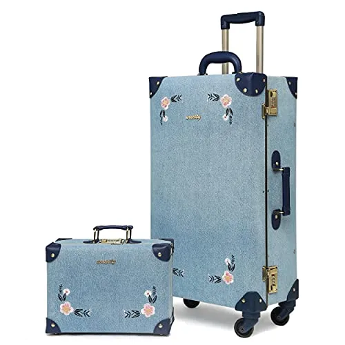 NZBZ Travel Vintage Trunk Luggage Set with Spinner Wheels Cute Retro Suitcase for Women, 2 Pieces (Embroidered Flowers Dark Blue Set, 26" 12") mega luggage savings