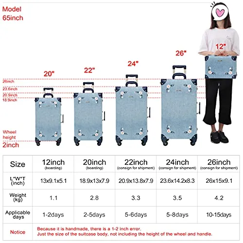 NZBZ Travel Vintage Trunk Luggage Set with Spinner Wheels Cute Retro Suitcase for Women, 2 Pieces (Embroidered Flowers Dark Blue Set, 26" 12")