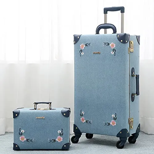 NZBZ Travel Vintage Trunk Luggage Set with Spinner Wheels Cute Retro Suitcase for Women, 2 Pieces (Embroidered Flowers Dark Blue Set, 26" 12")