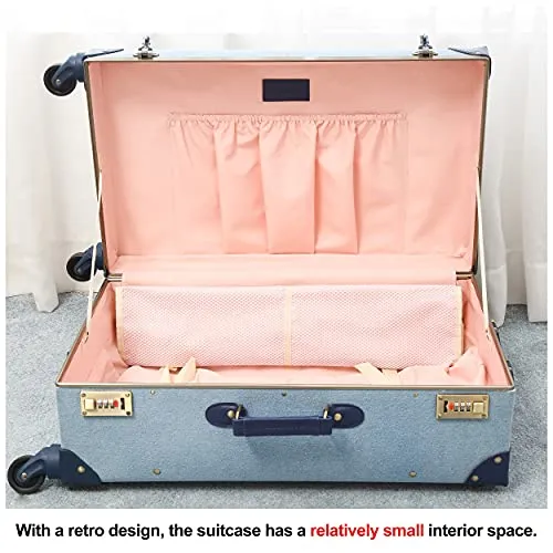 NZBZ Travel Vintage Trunk Luggage Set with Spinner Wheels Cute Retro Suitcase for Women, 2 Pieces (Embroidered Flowers Dark Blue Set, 26" 12")